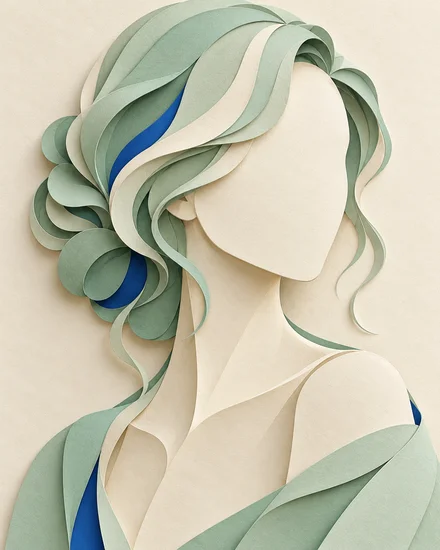 Avatar en relieve de papel marfil y menta, generado con IA para el perfil de ejemplo de Sofía.