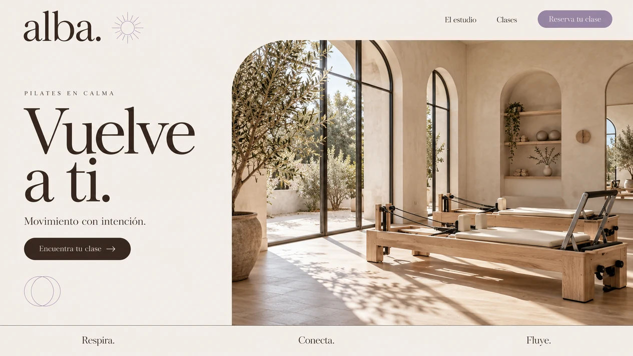 Concepto visual de Alba, un estudio de pilates ficticio, presentado en una pantalla de sobremesa